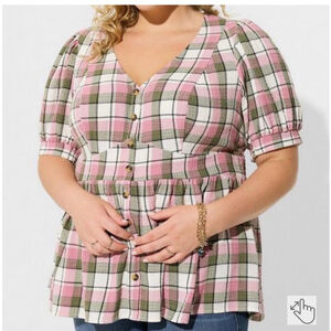 Torrid Top Pink Plaid Button Front Peplum Womens Size 1X Short Puff Sleeve Boho